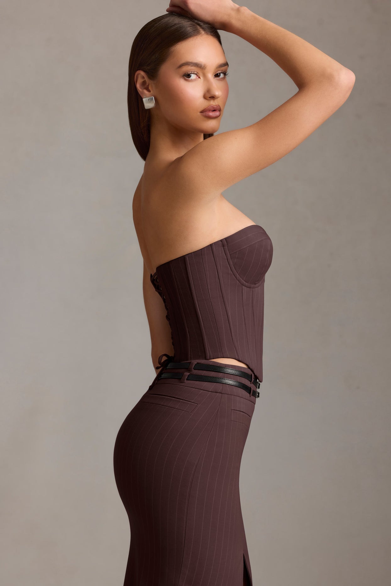 Pinstripe Lace-Up Corset Top in Chocolate Brown - 3