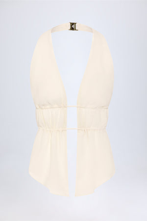 Cut-Out Semi-Sheer Ruched Halterneck Crop Top in Ivory