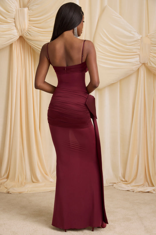 Bow-Detail Ruched Maxi Dress in Wine Red