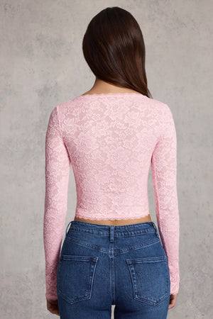 Plunge-Neck Long-Sleeve Lace Top in Pink