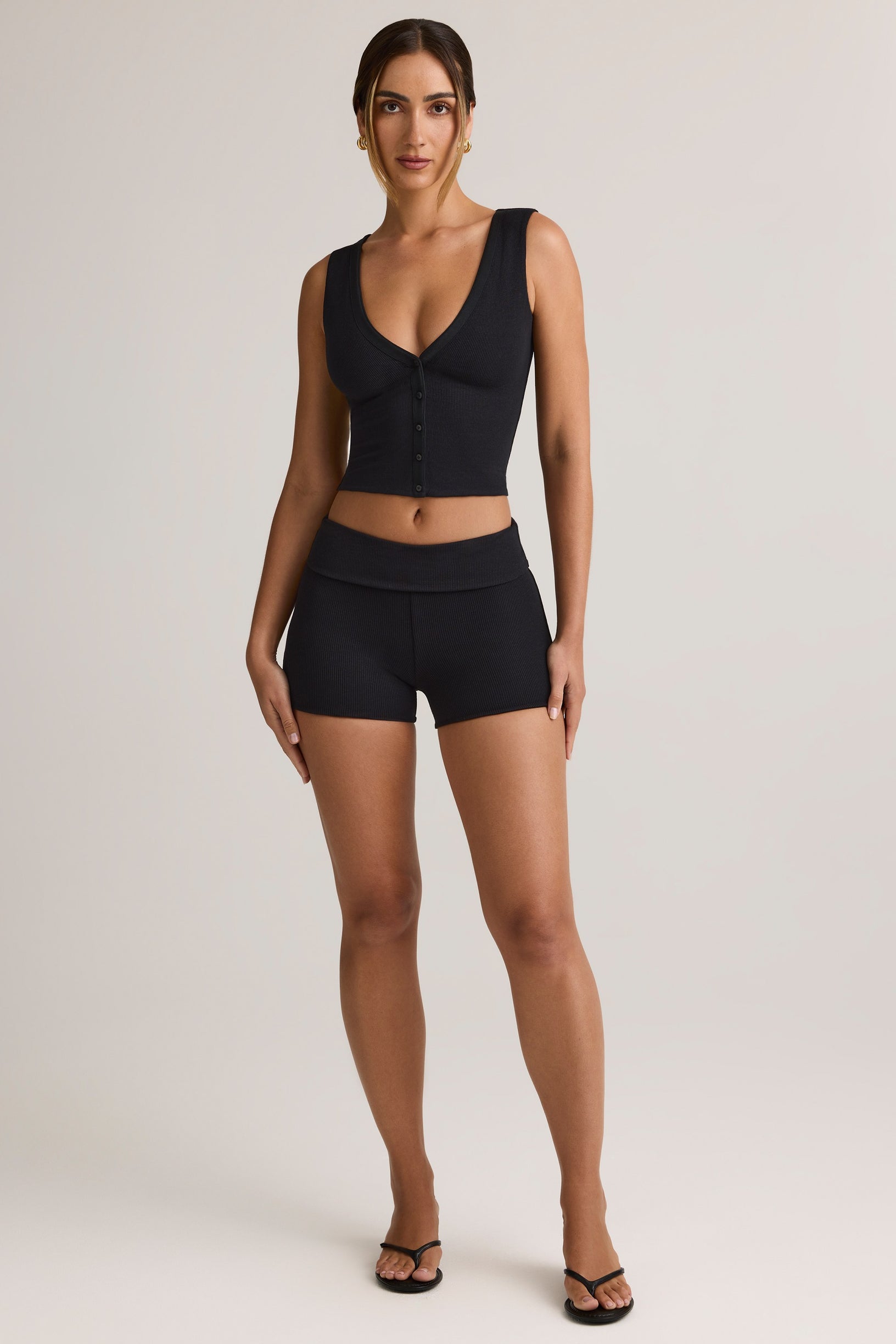 Modal Ribbed Mid-Rise Foldover Shorts in Black - 1