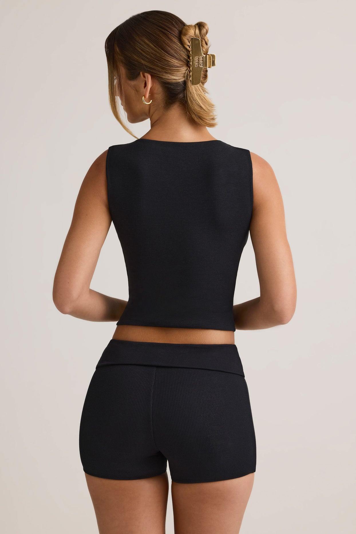 Modal Ribbed Mid-Rise Foldover Shorts in Black - 3