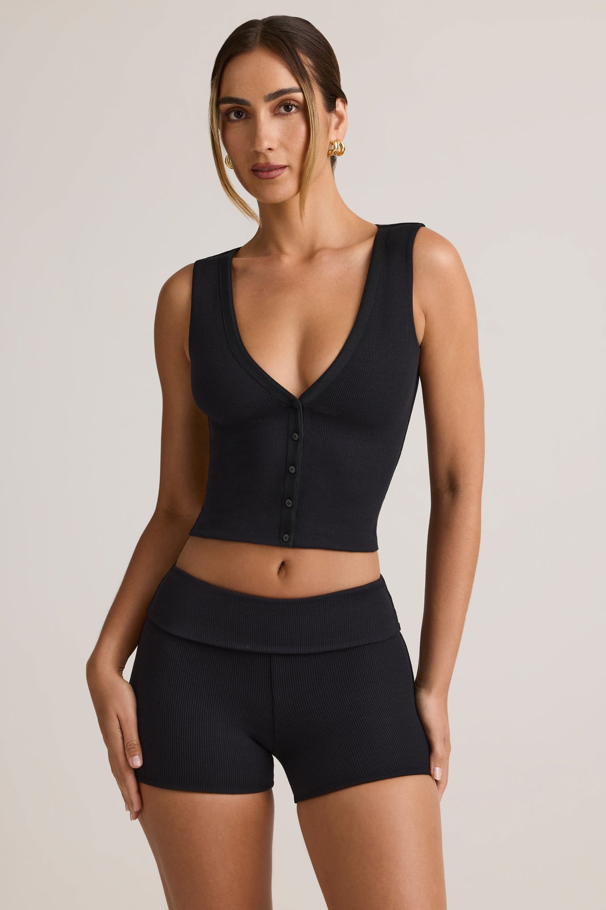 Modal Ribbed Mid-Rise Foldover Shorts in Black - 5