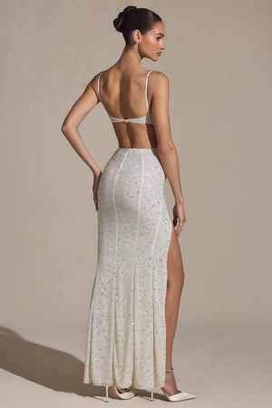 Lucienne Embellished Cut-Out Fishtail Maxi Dress in White | Oh Polly Lucienne Embellished Cut-Out Fishtail Maxi Dress in White | Oh Polly