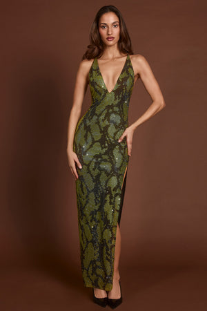 Embellished Halterneck Maxi Dress in Green Snake