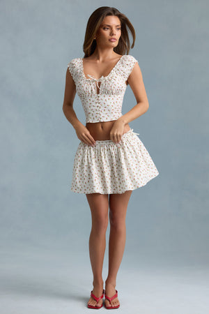 Ruched Cotton-Poplin Mini Skirt in Rose Print