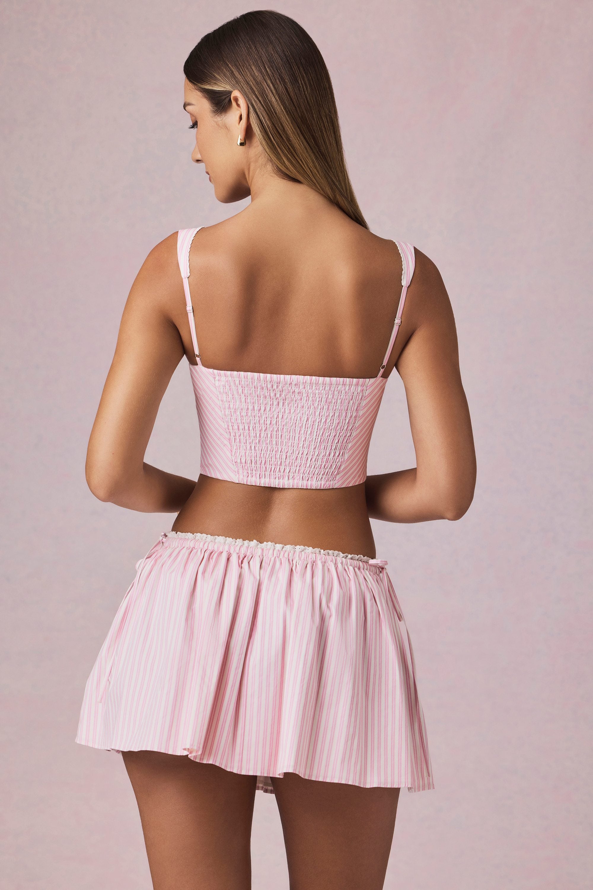 Maira Ruched Drawstring Mini Skirt in Soft Mauve Stripe | Oh Polly