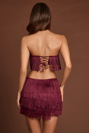 Fringed Mid-Rise Mini Skirt in Wine Red