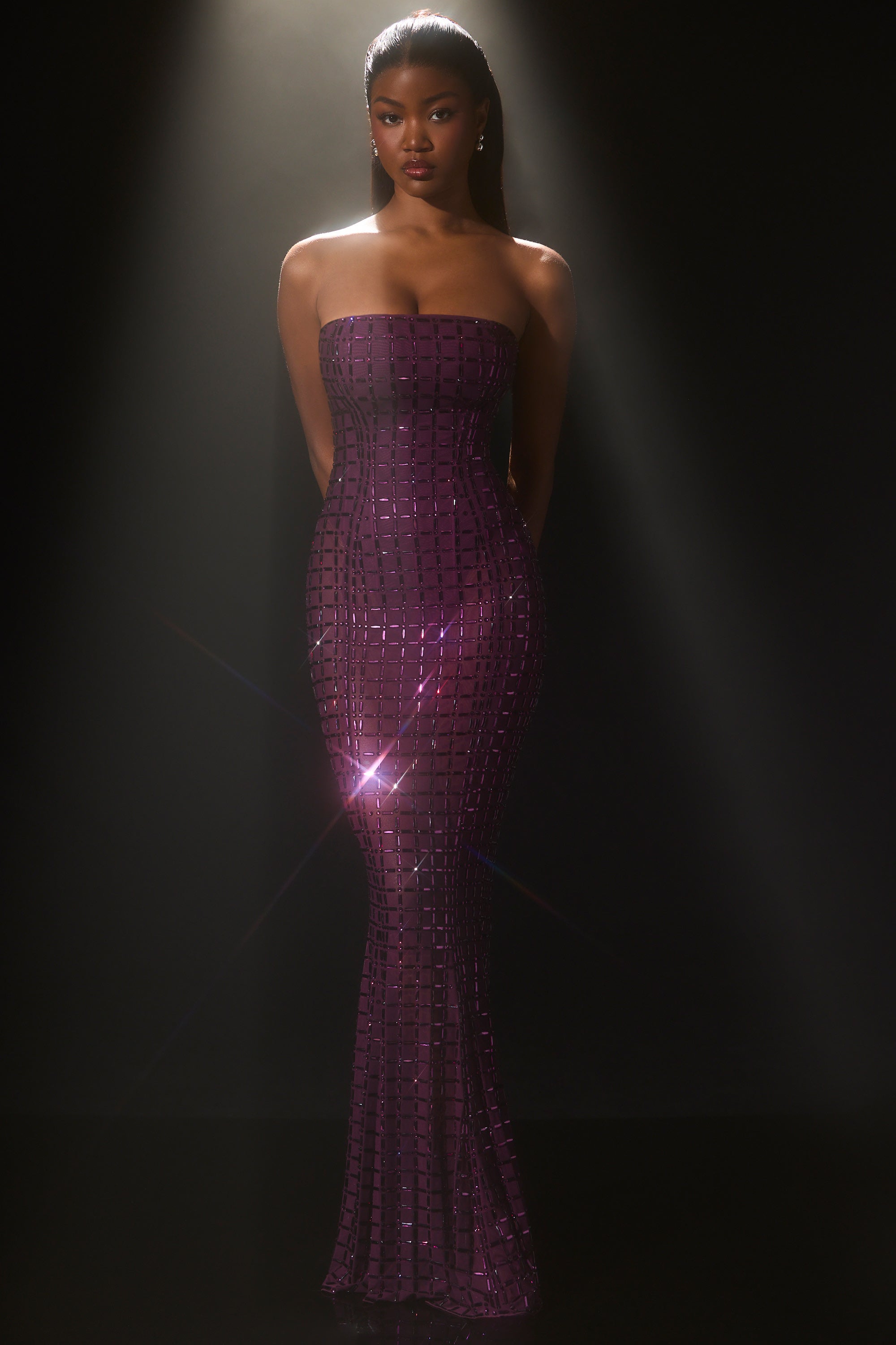 purple dress strapless Charming Sleeveless Long Evening with Slit and Bridelily style waist tops a flowy Strapless Purple Sequin Homecoming Dresses