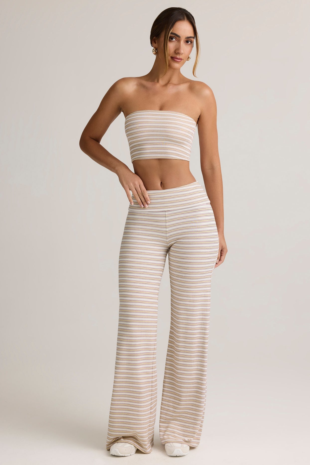 Modal Foldover Wide-Leg Trousers in Pink & Yellow Stripe - 4