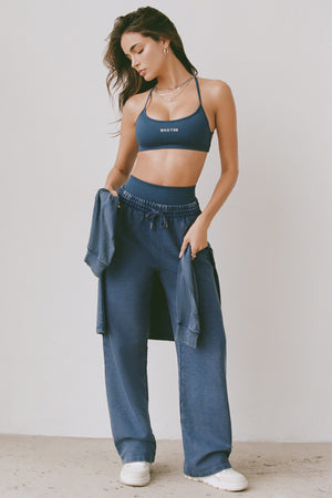 Cotton Jersey Acid Wash Mid-Rise Wide-Leg Joggers in Blue