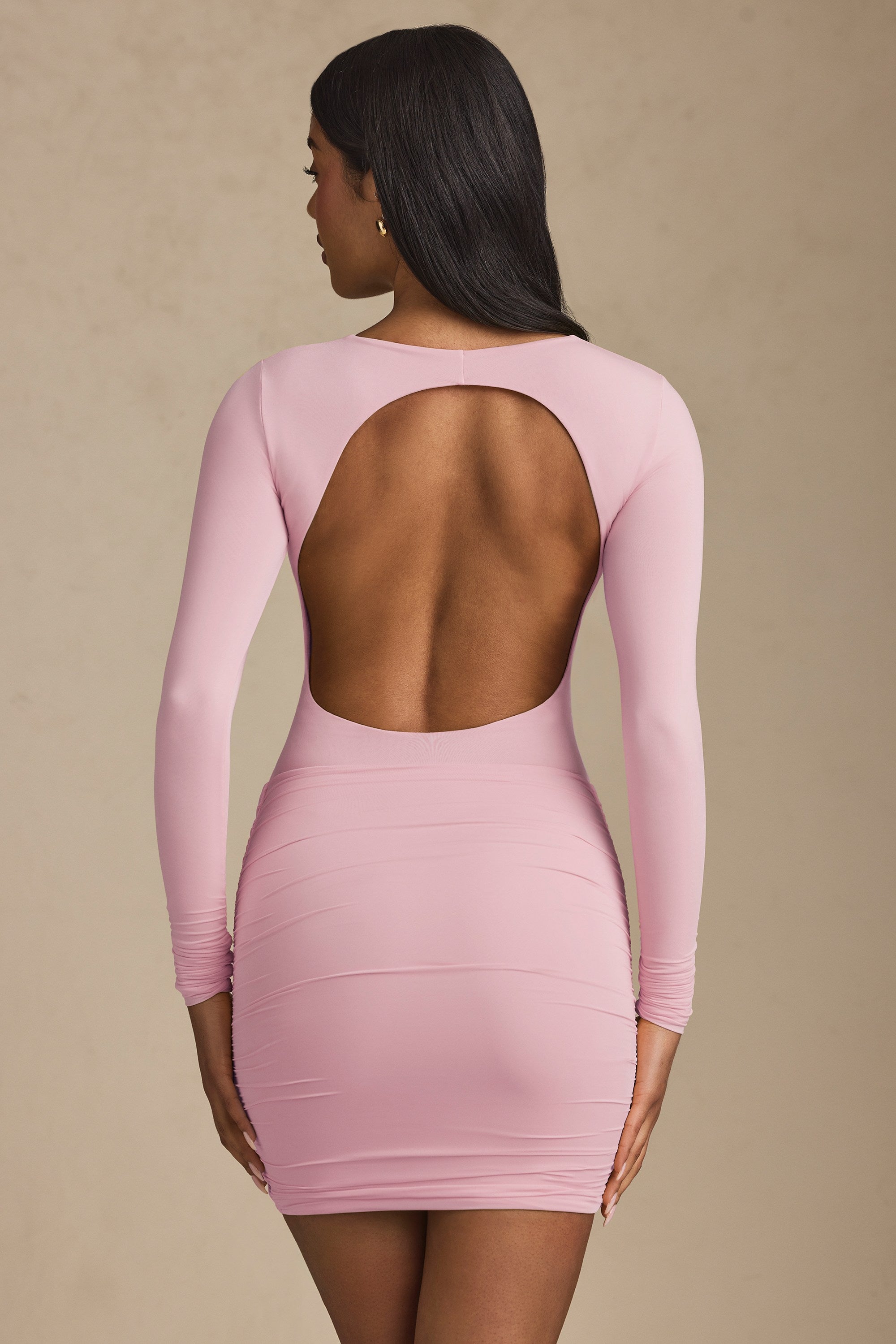 Modal Twist-Front Ruched Backless Mini Dress in Soft Pink