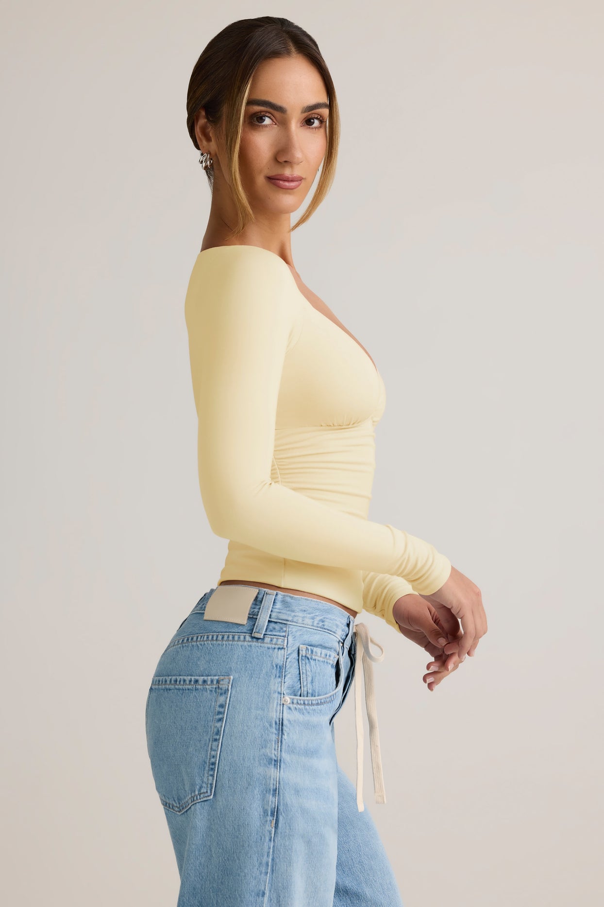 Modal Ruched Long-Sleeve Top in Buttercream Yellow - 4