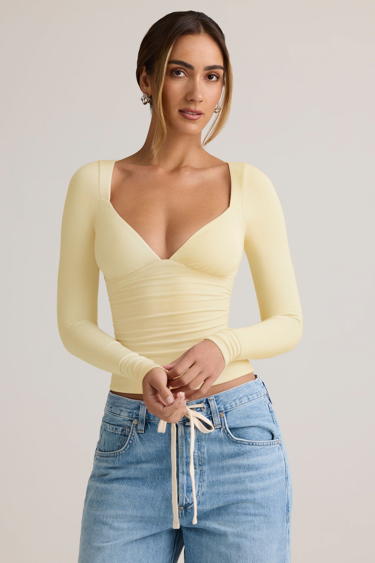 Modal Ruched Long-Sleeve Top in Buttercream Yellow - 5