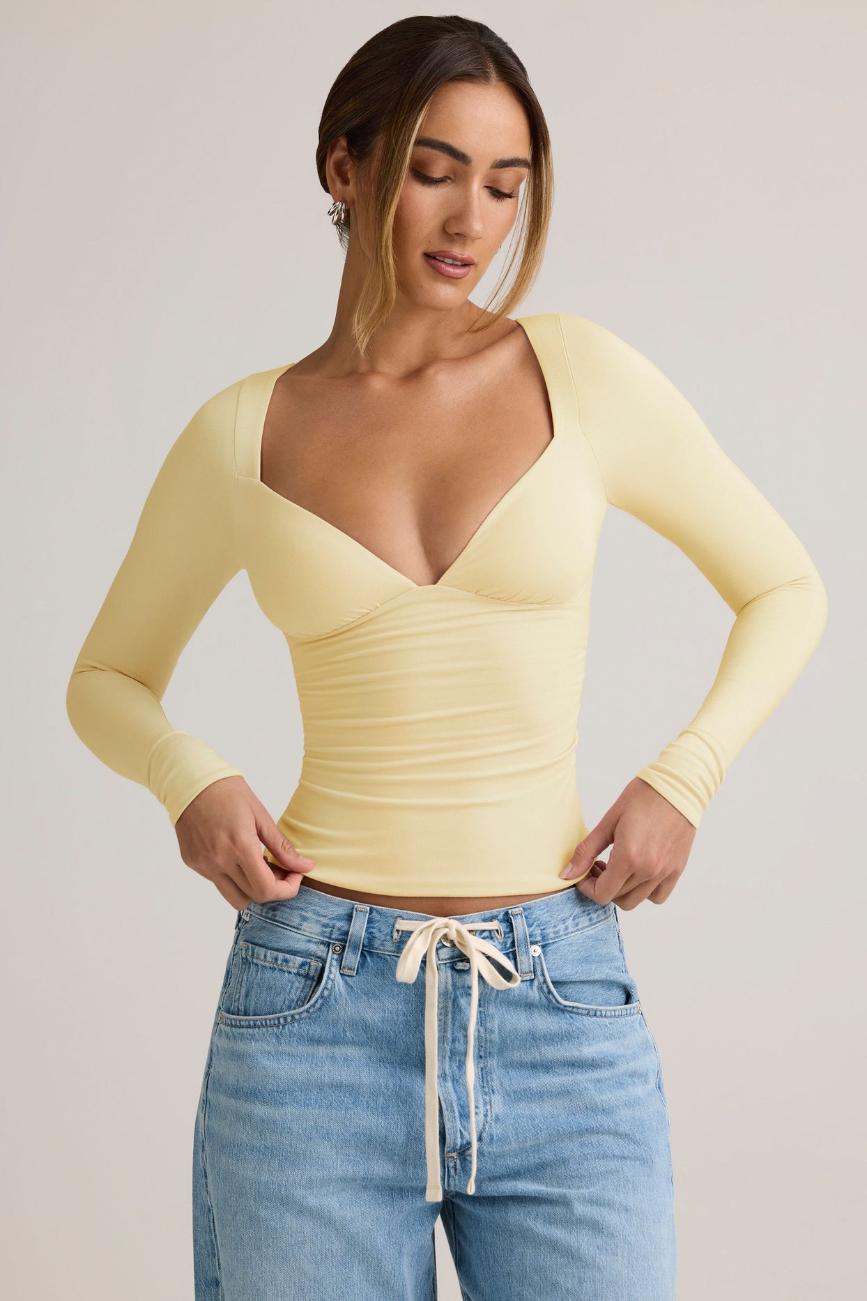 Modal Ruched Long-Sleeve Top in Buttercream Yellow - 6