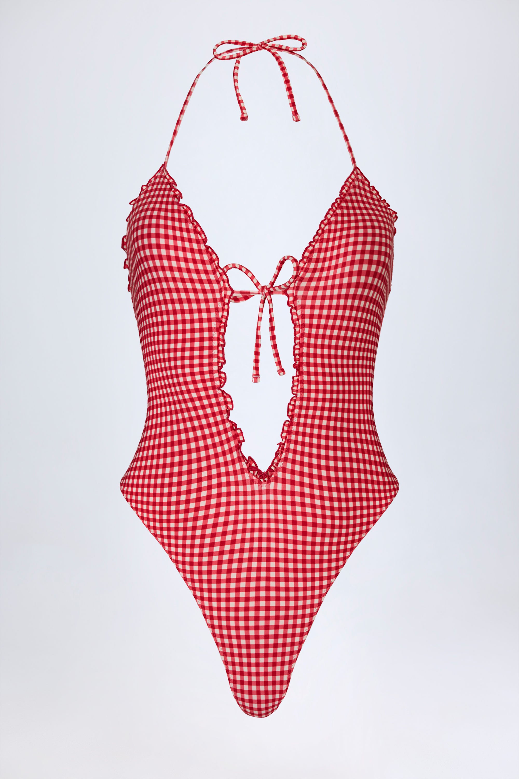 Montjoi Ruffled Cut-Out Halterneck Swimsuit in Red Gingham | Oh