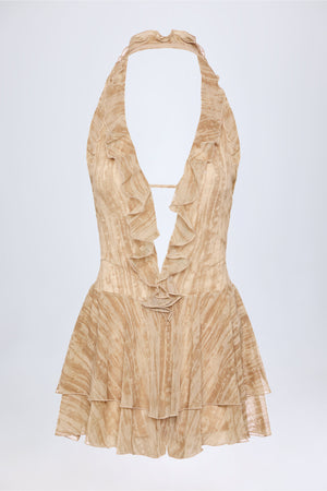 Ruffled Plunge Halterneck Playsuit in Tan Print
