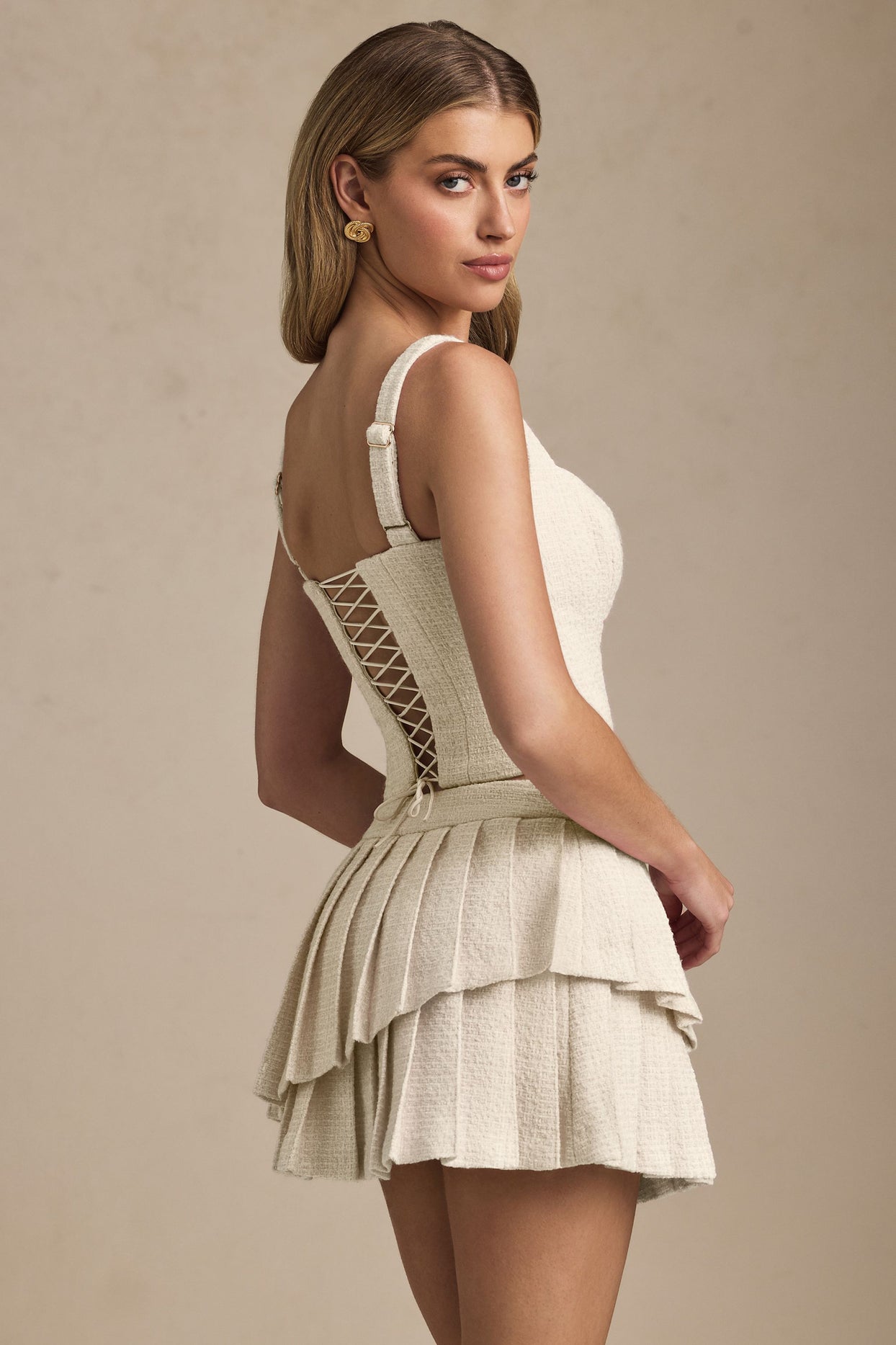 Layered Pleated Low-Rise Mini Skirt in Ivory - 6