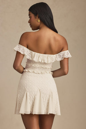 Off-Shoulder Lace A-Line Mini Dress in Ivory