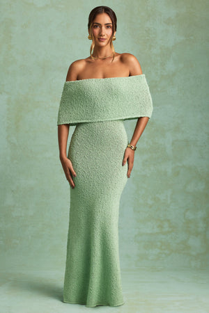 Naia Bouclé Off-Shoulder Maxi Dress in Mint Oh Polly