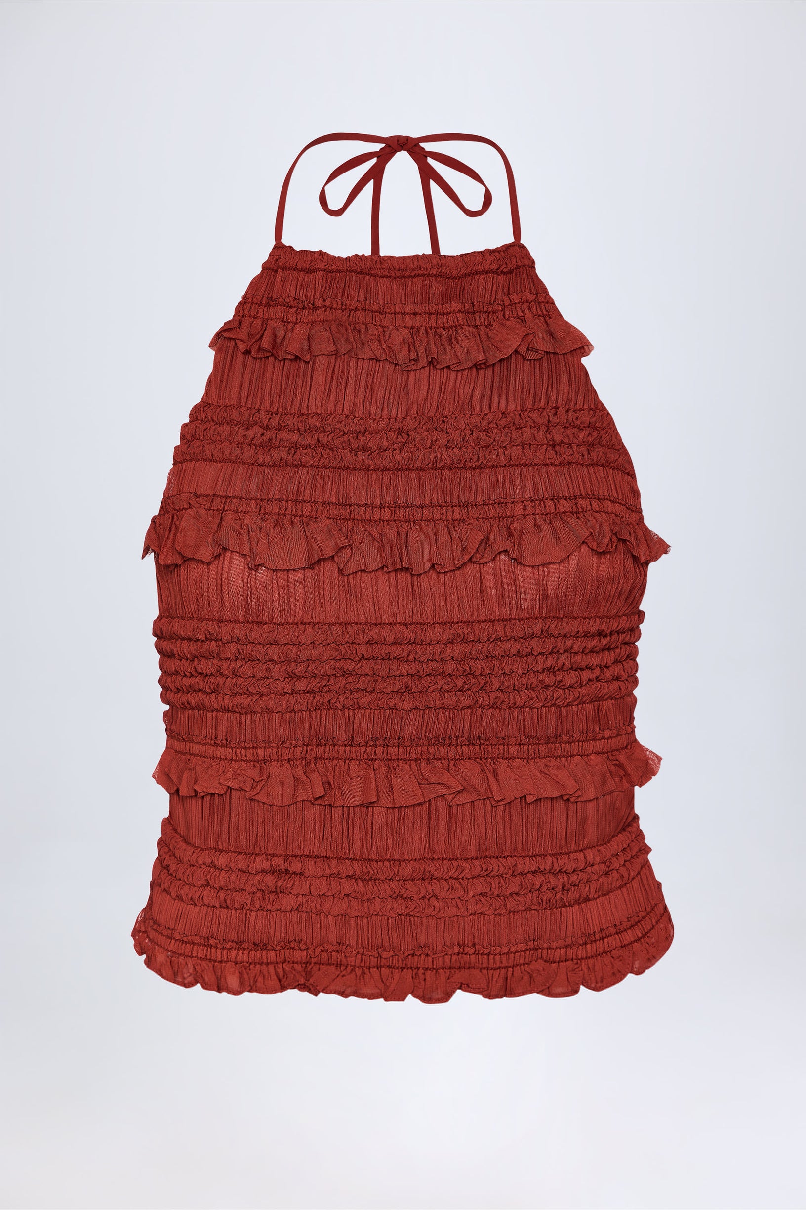 Ruffled High-Neck Backless Top in Burnt Red - 1