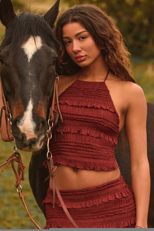 Ruffled High-Neck Backless Top in Burnt Red