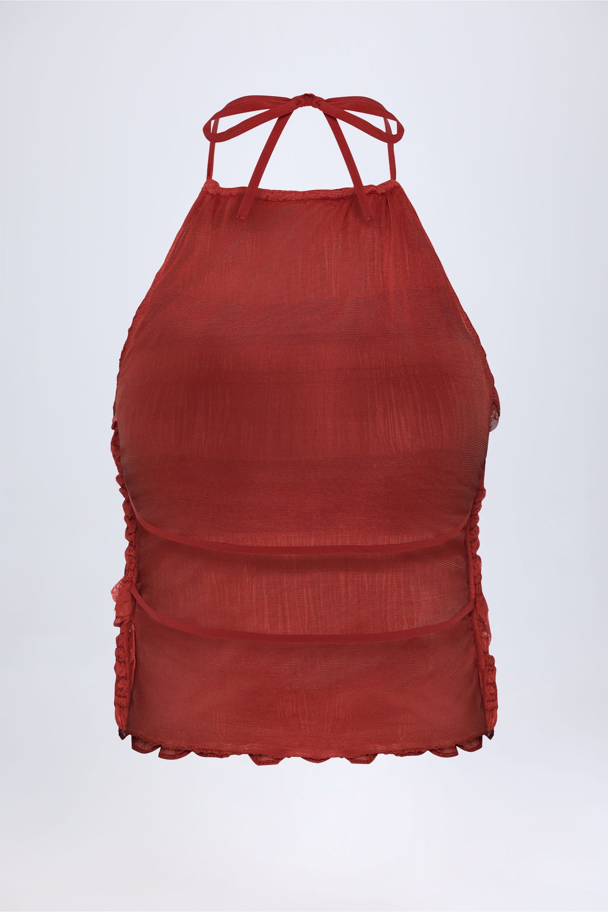 Ruffled High-Neck Backless Top in Burnt Red - 5