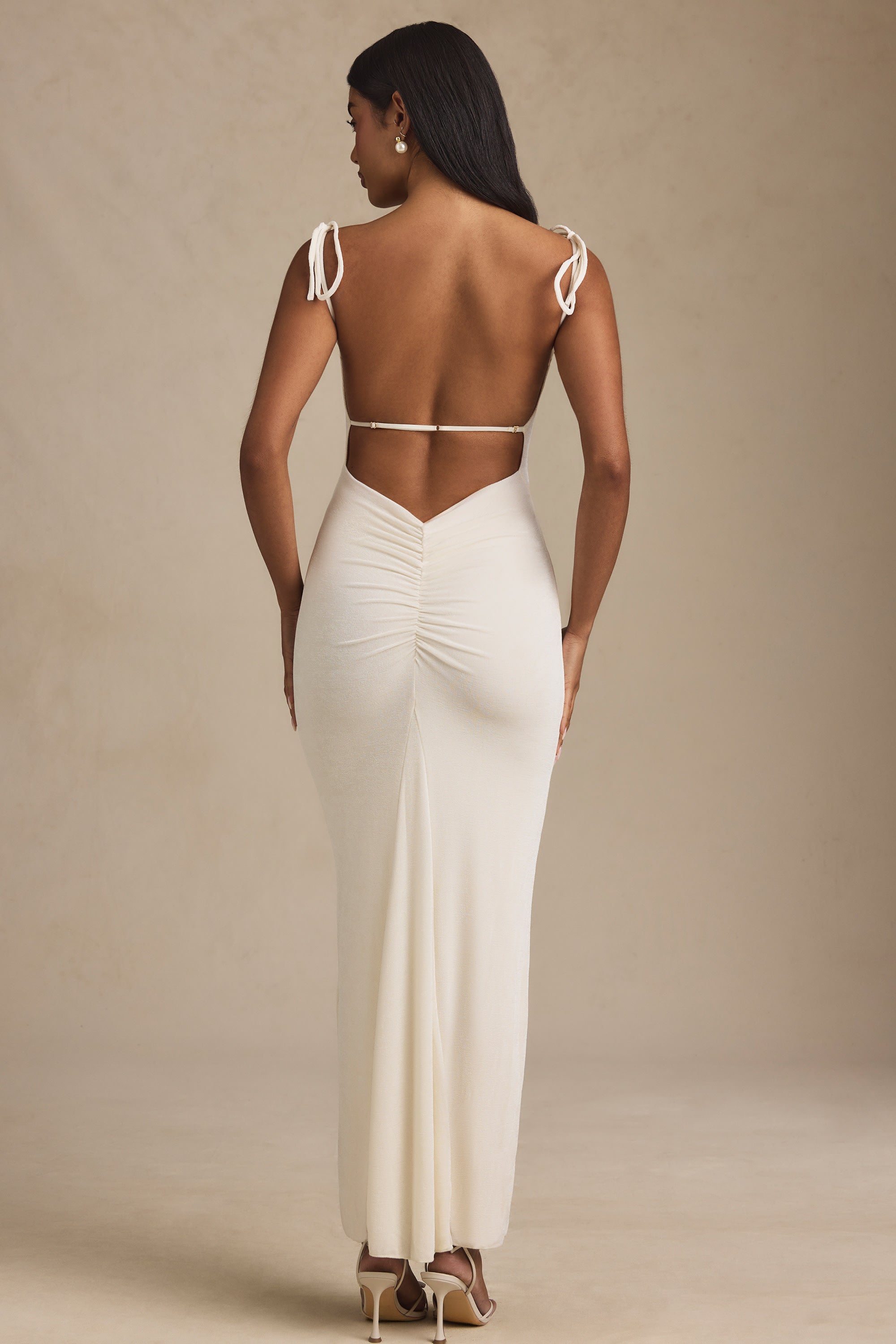 Textured Jersey Backless Maxi Dress in Ivory - 10