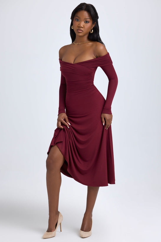 Modal Off-Shoulder Ruched Midaxi Dress in Wine Red