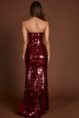 3D Embellished Bandeau Maxi Dress in Red