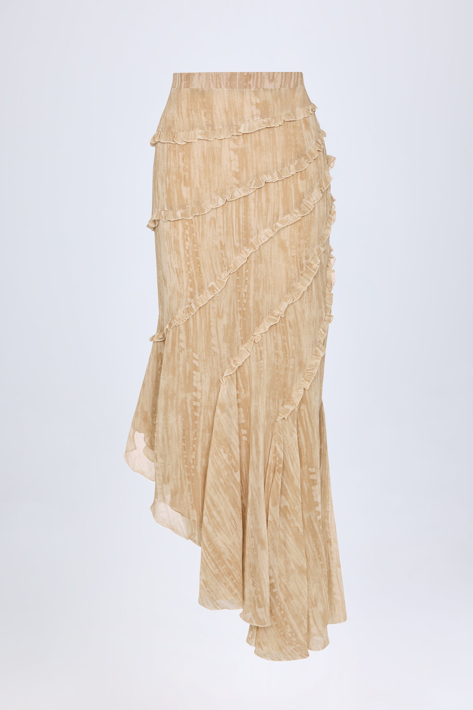 Ruffled Asymmetric Mid-Rise Maxi Skirt in Tan Print - 1