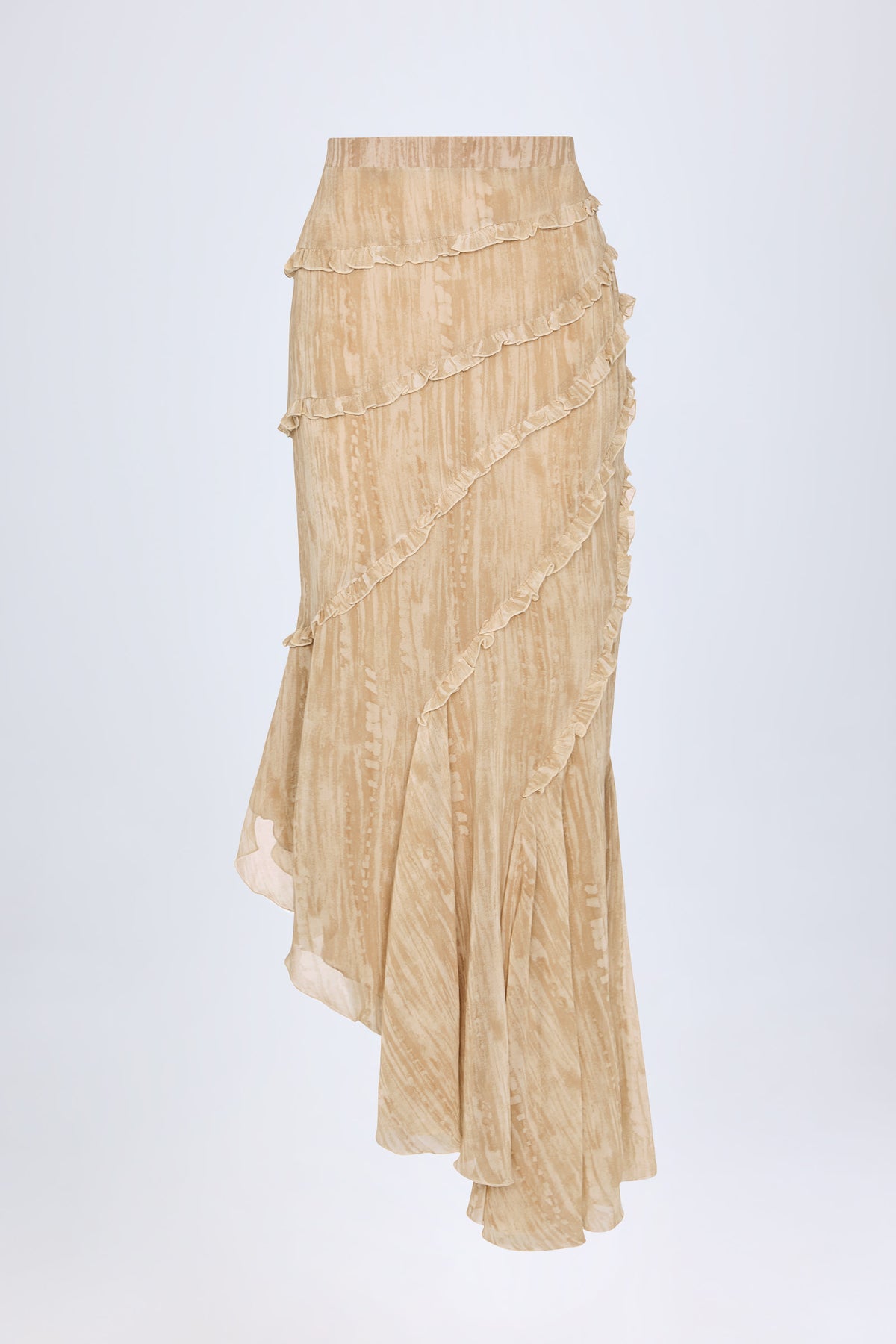 Novina Ruffled Asymmetric Mid-Rise Maxi Skirt in Tan Print | Oh Polly ...