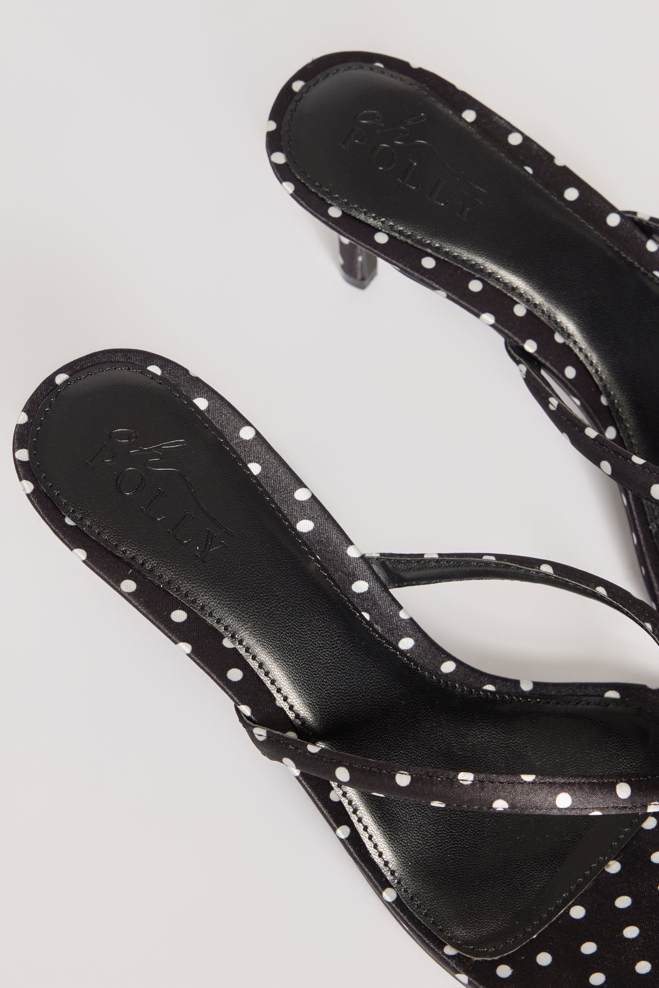 Satin Heeled Mule Sandal in Black Polka Dot