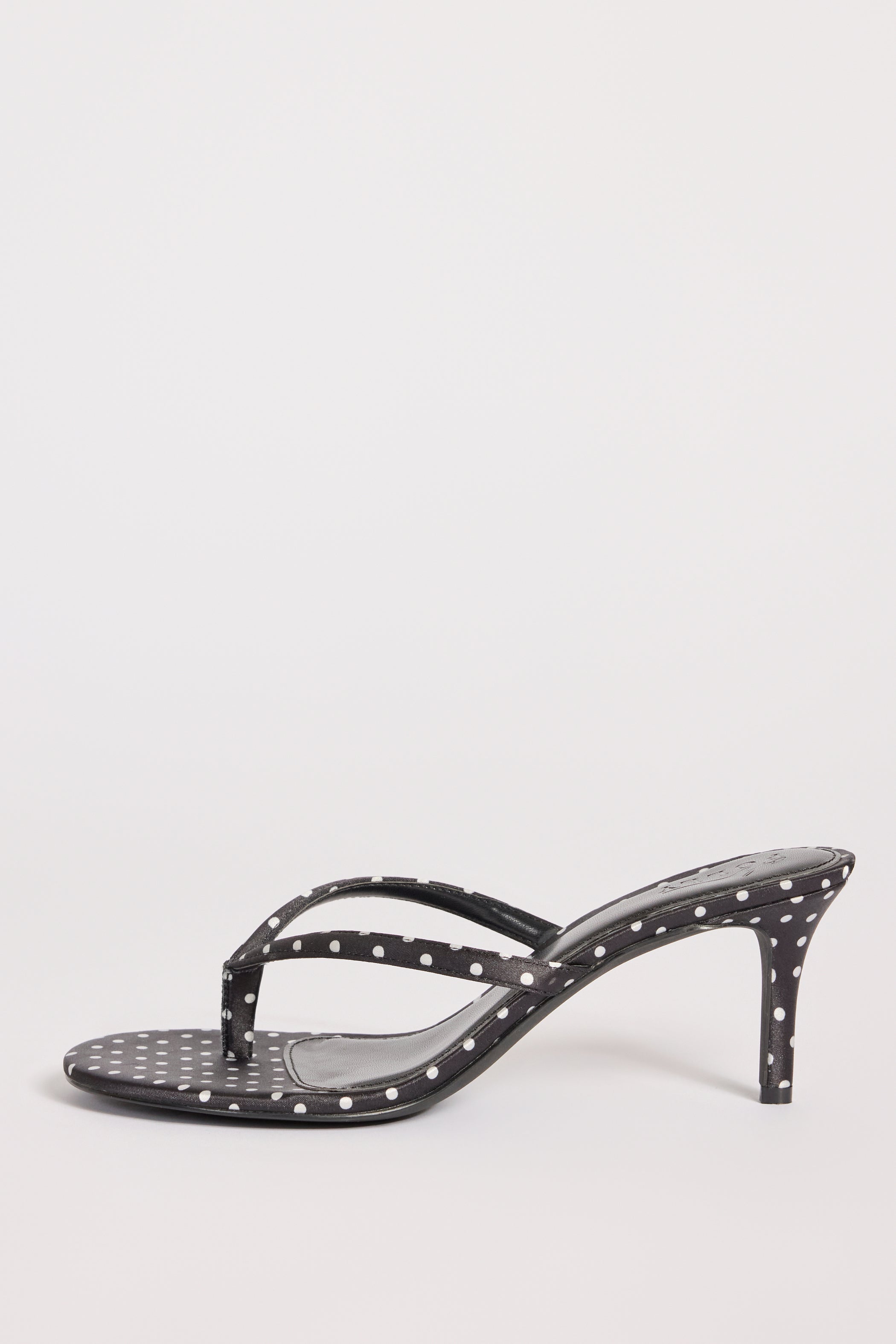 Satin Heeled Mule Sandal in Black Polka Dot