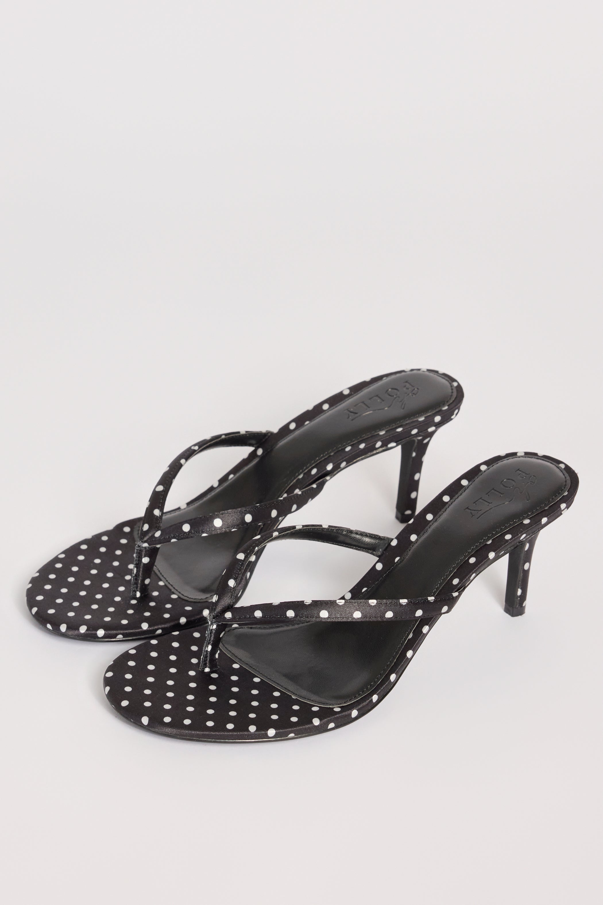 Satin Heeled Mule Sandal in Black Polka Dot