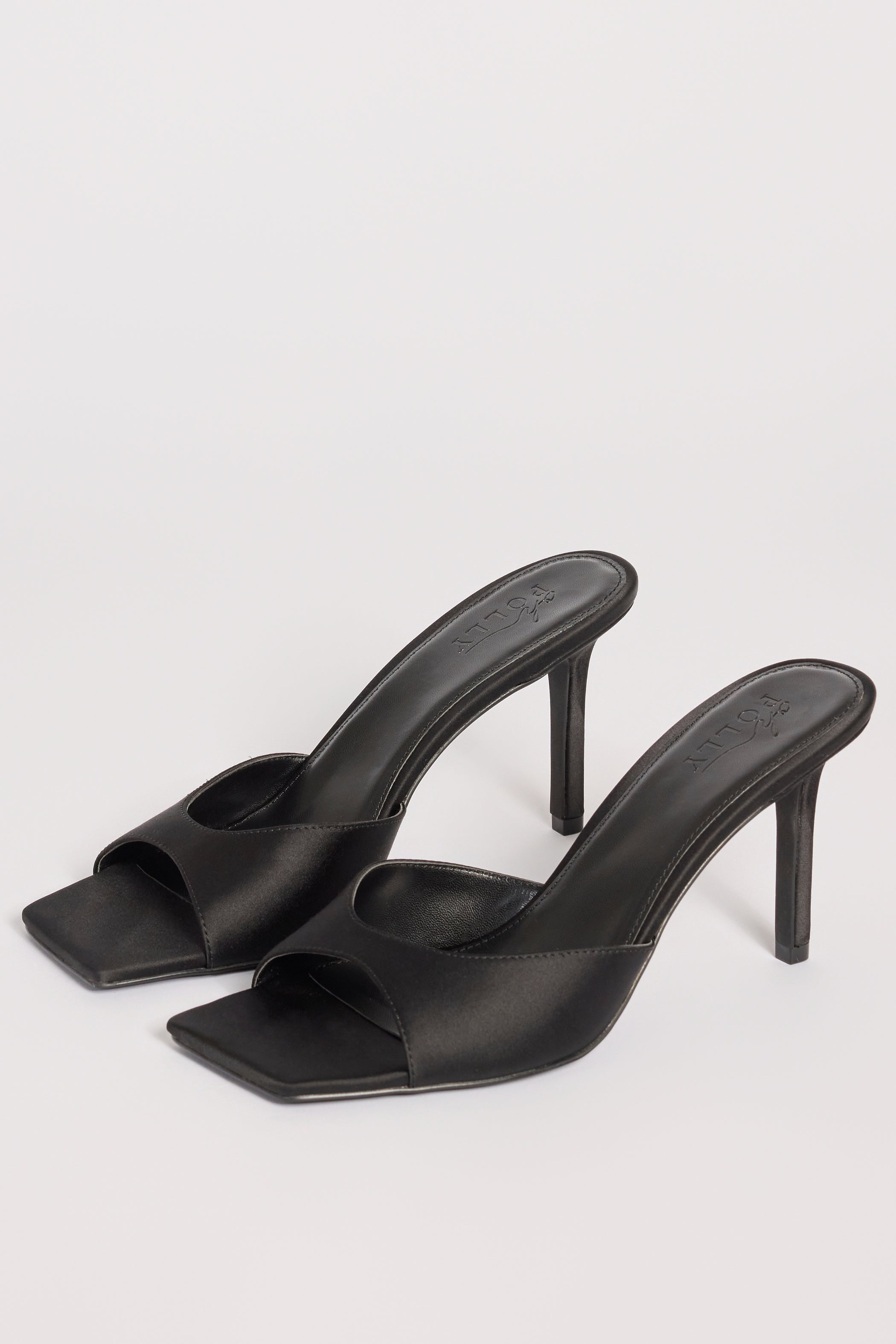 Satin Heeled Mule Sandal in Black