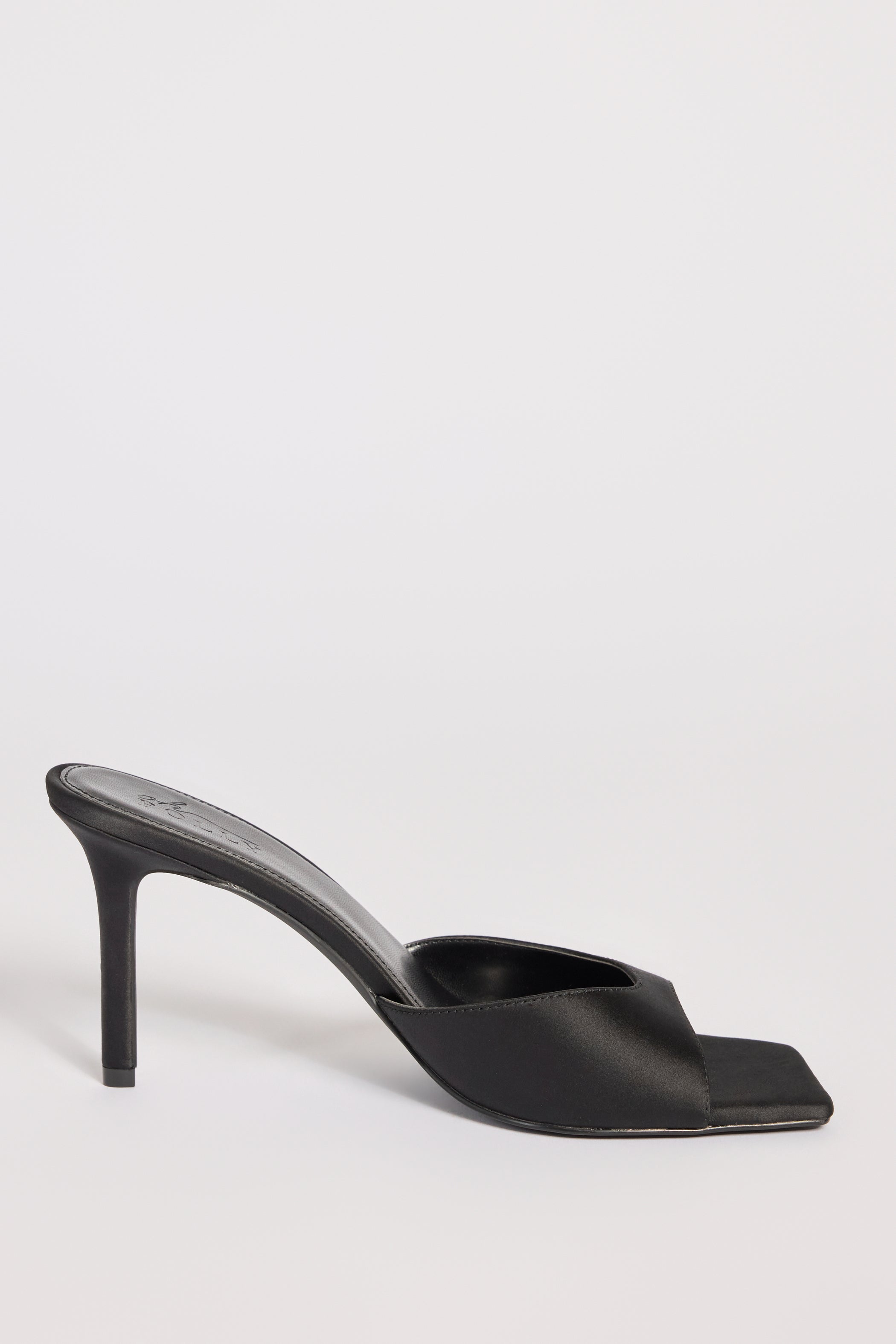 Satin Heeled Mule Sandal in Black
