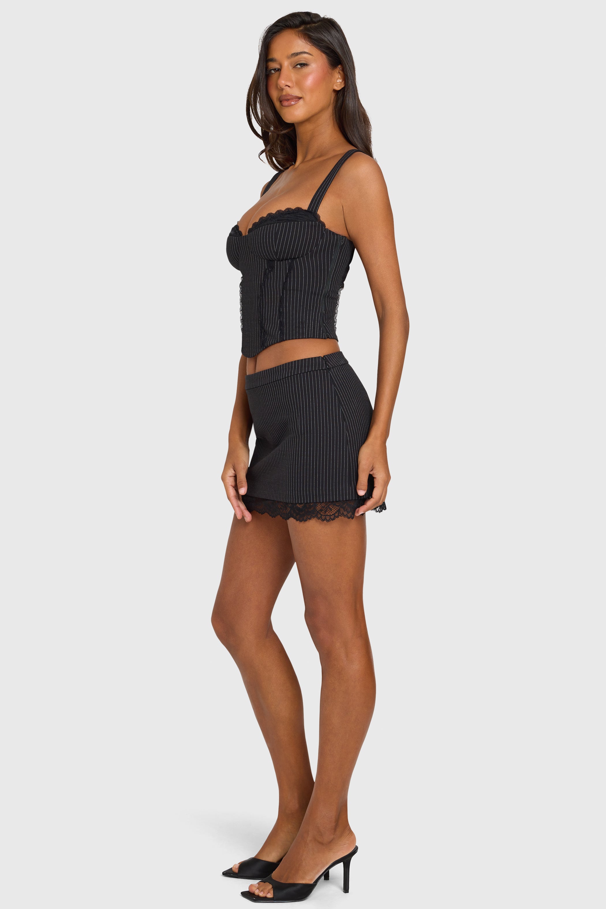 Pinstripe Ponte Lace-Trim Mini Skirt in Black Pinstripe