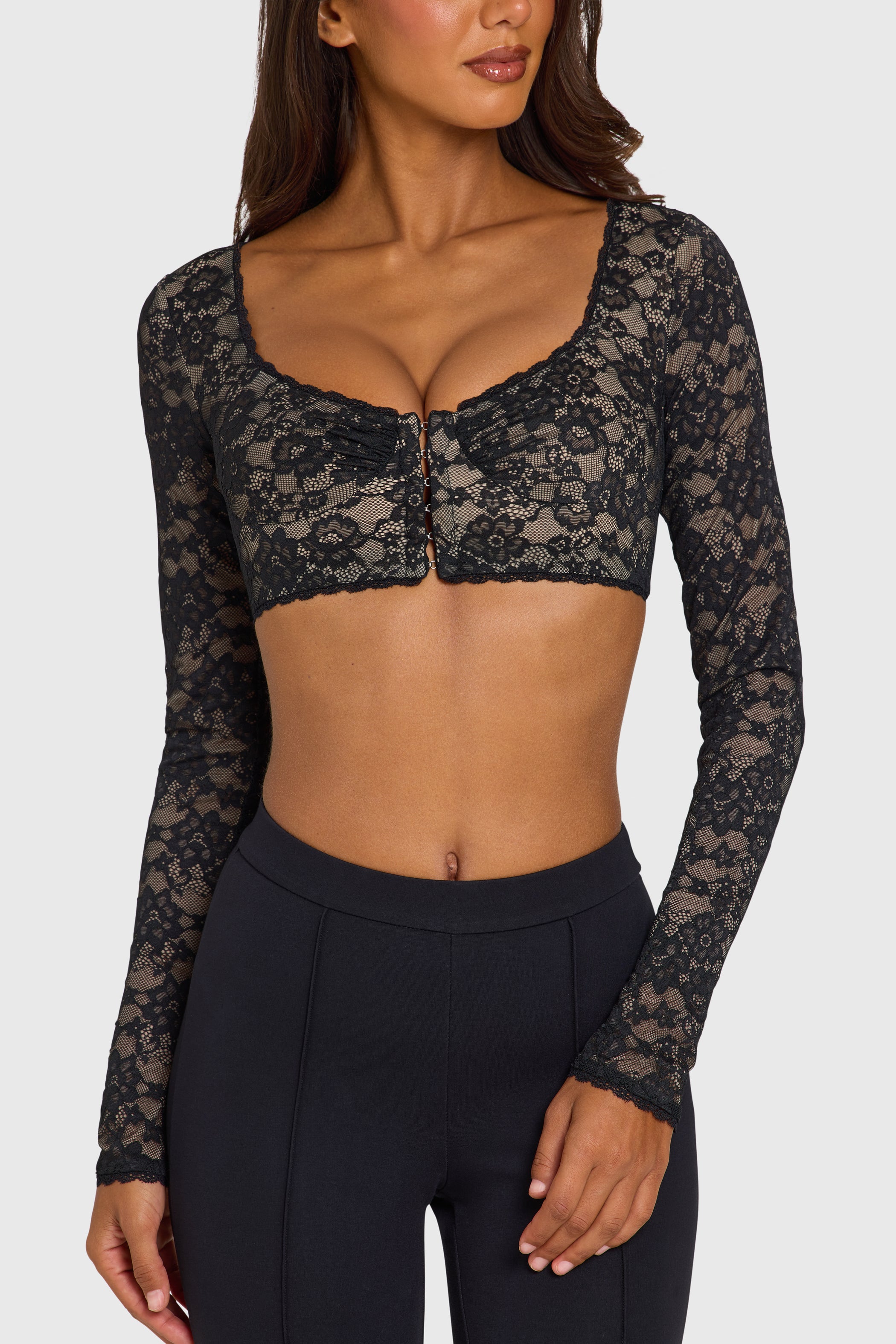 Lace Long-Sleeve Crop Top in Black