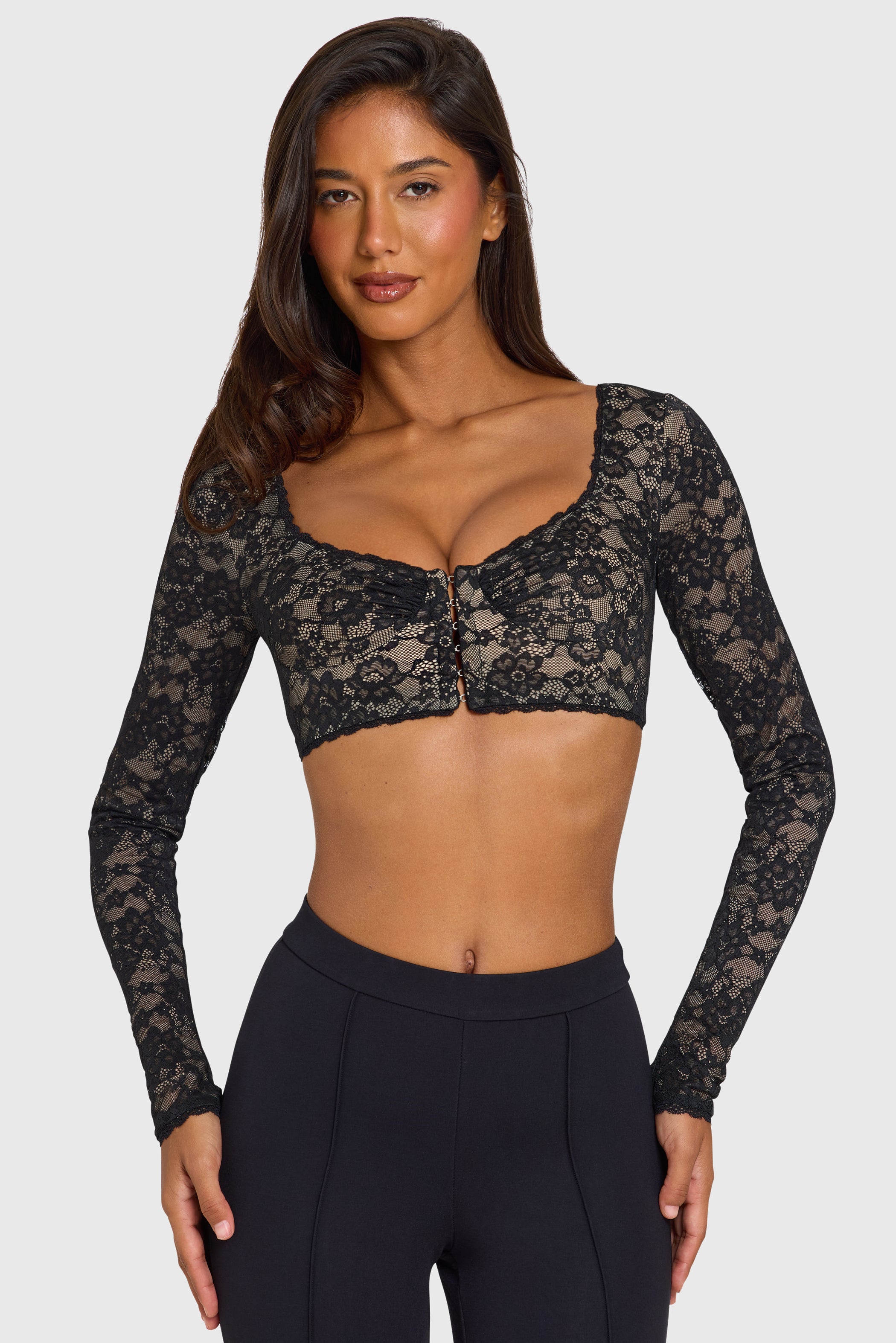 Lace Long-Sleeve Crop Top in Black