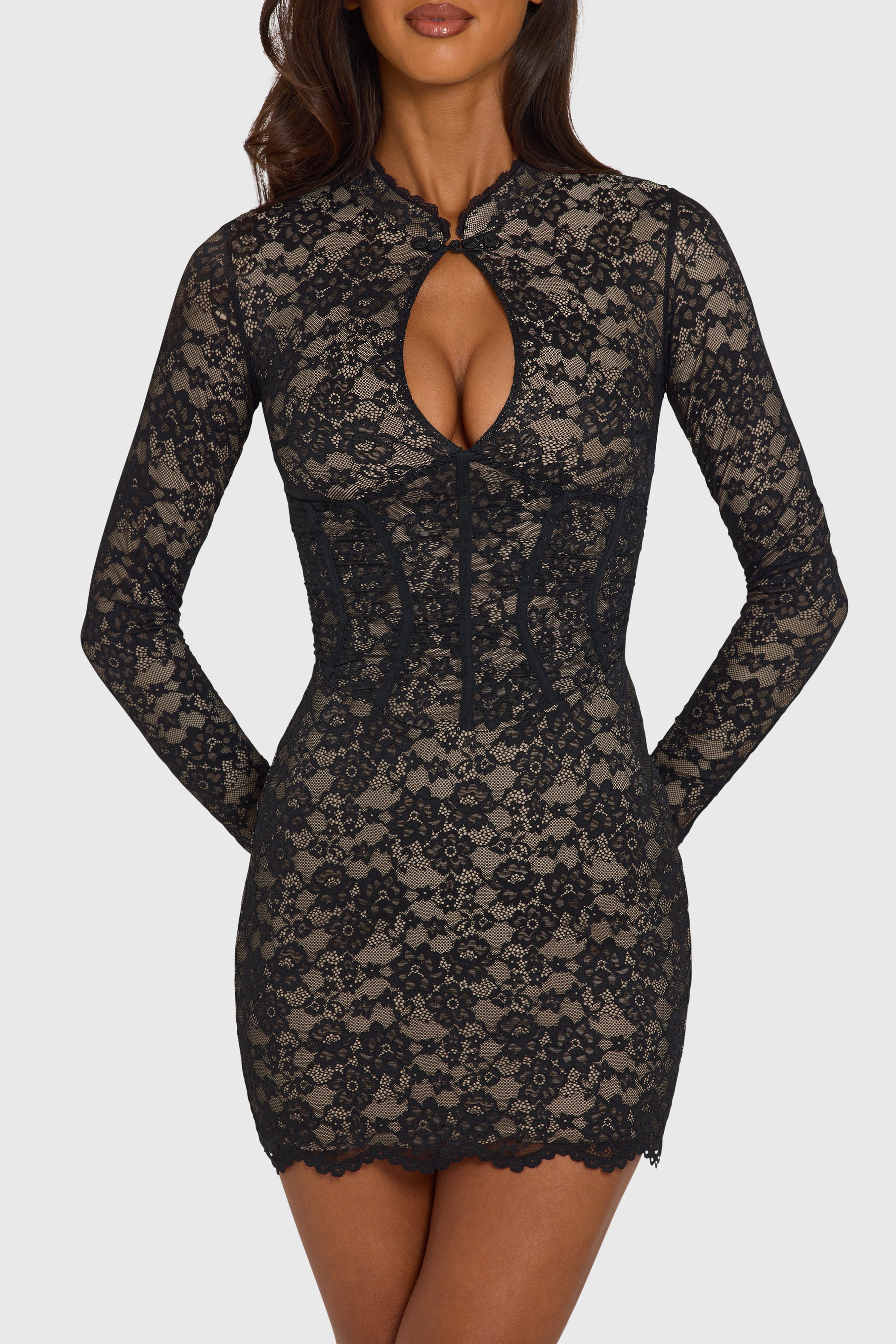 Lace Cut-Out Long-Sleeve Mini Dress in Black