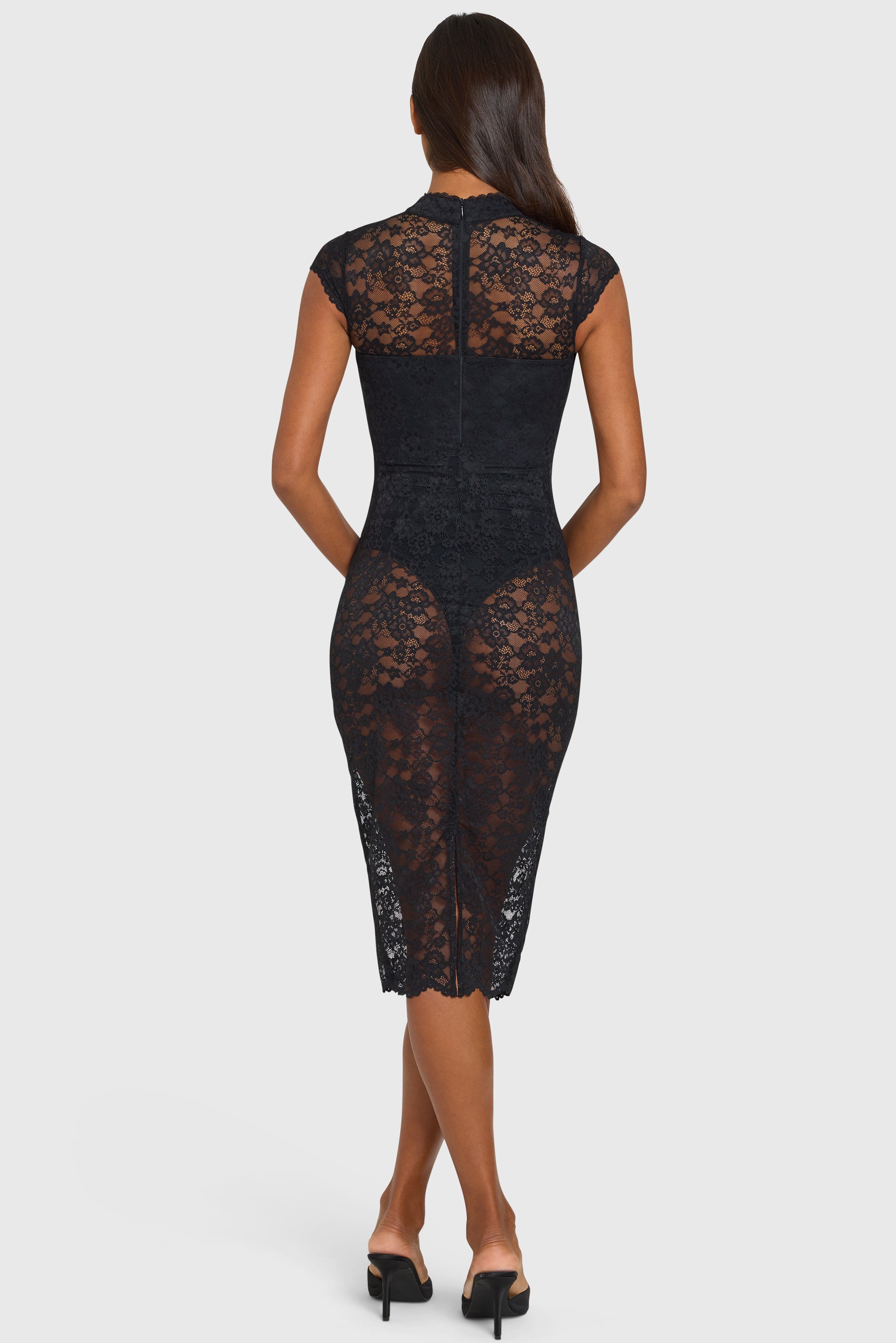 Sheer Cut-Out Lace Midi Dress in Black