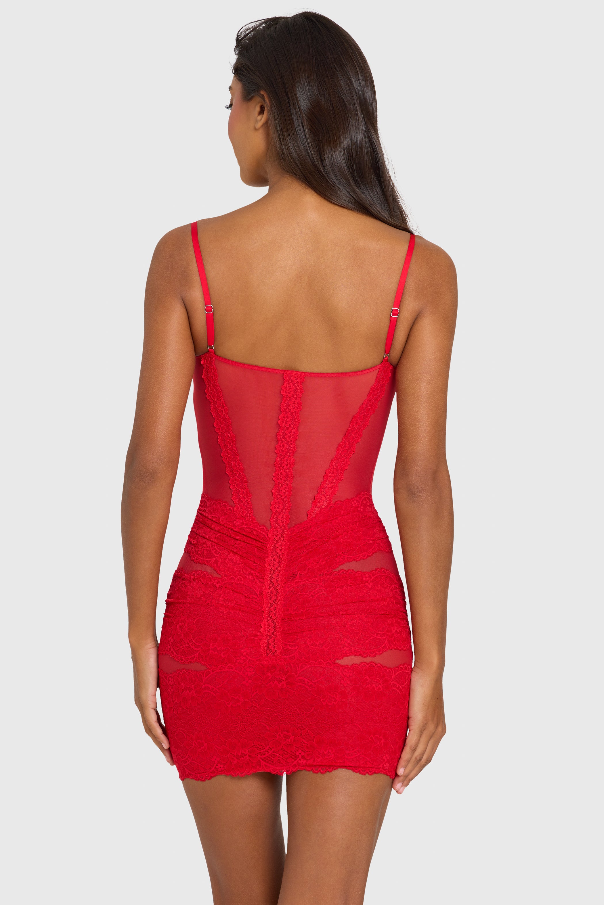 Placed Lace-Trim Mini Dress in Cherry Red