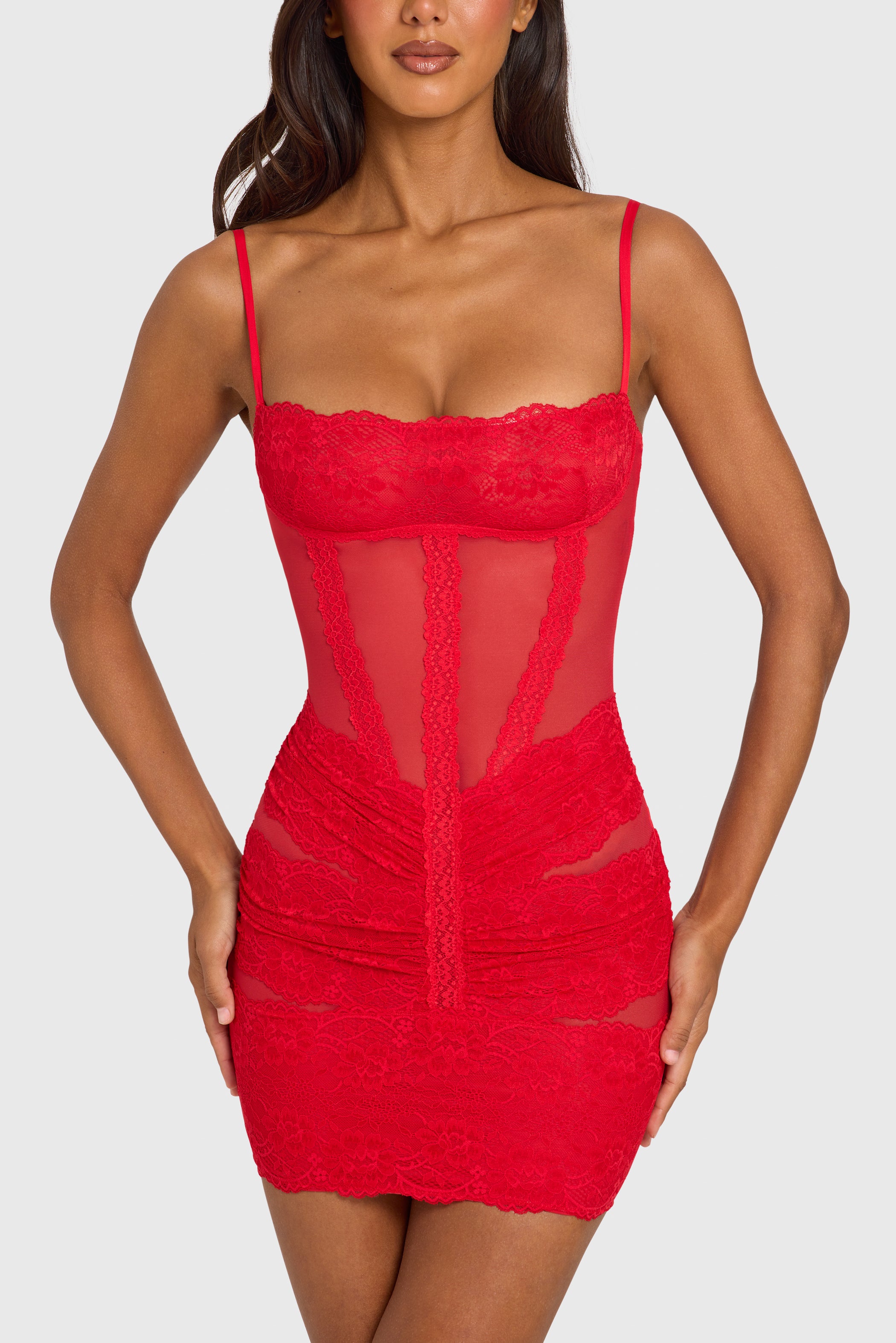 Placed Lace-Trim Mini Dress in Cherry Red