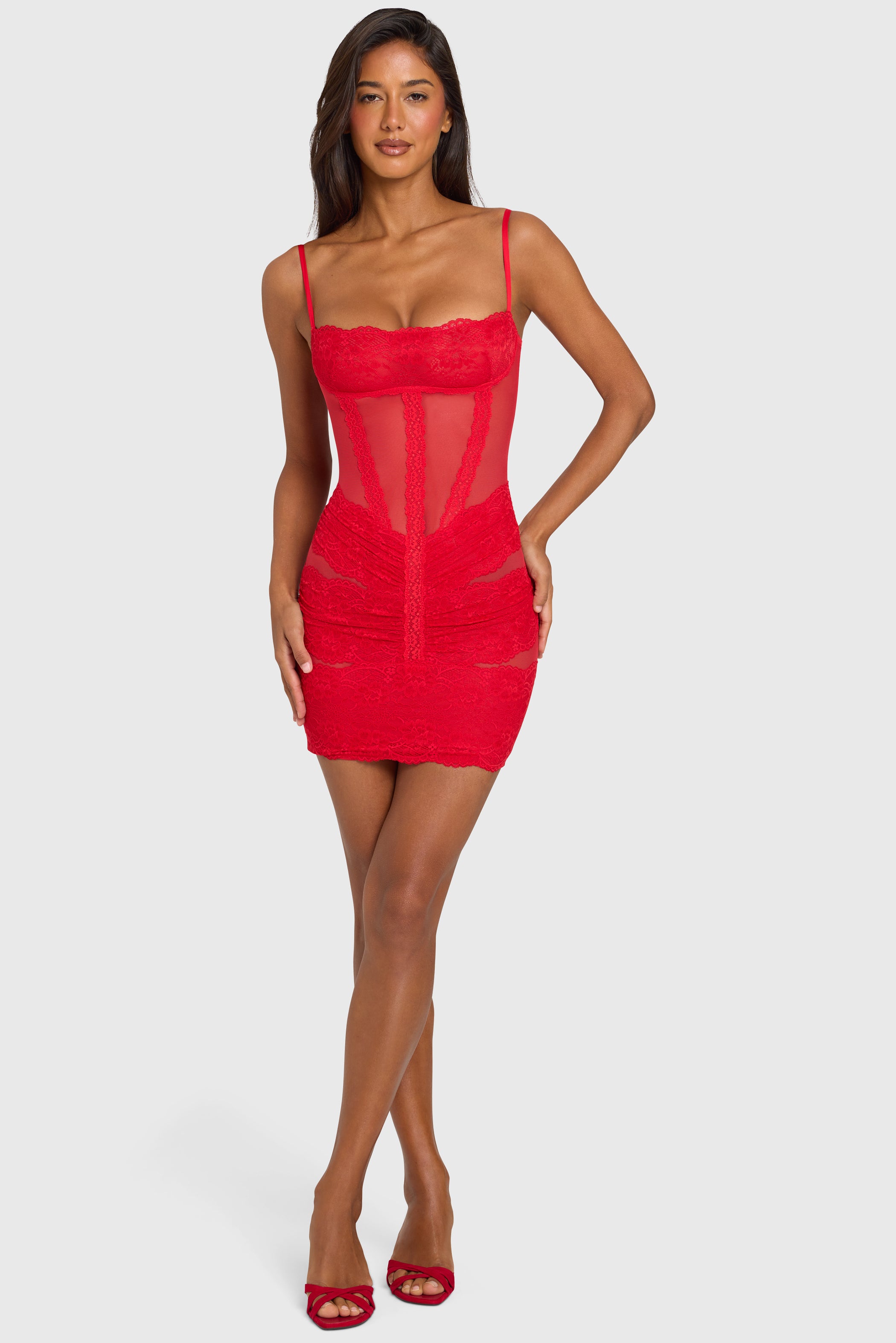 Placed Lace-Trim Mini Dress in Cherry Red