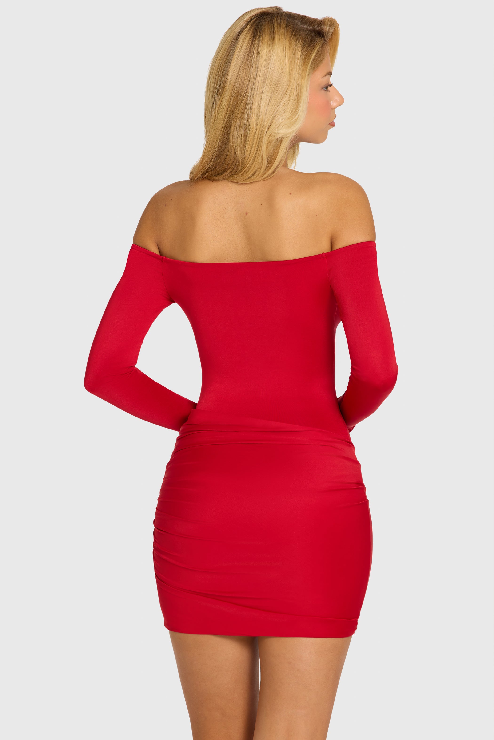 Off-Shoulder Long-Sleeve Mini Dress in Cherry Red