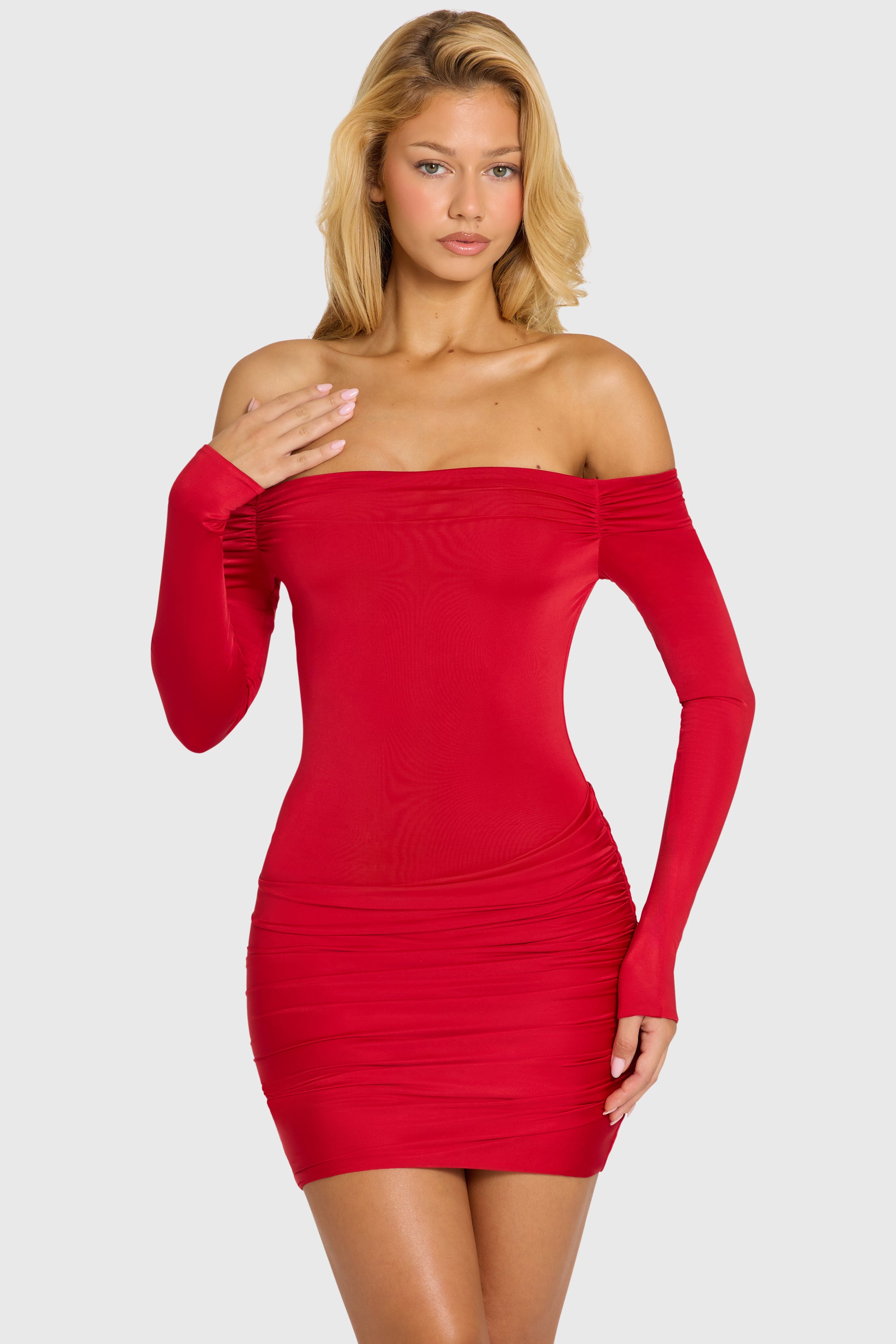 Off-Shoulder Long-Sleeve Mini Dress in Cherry Red