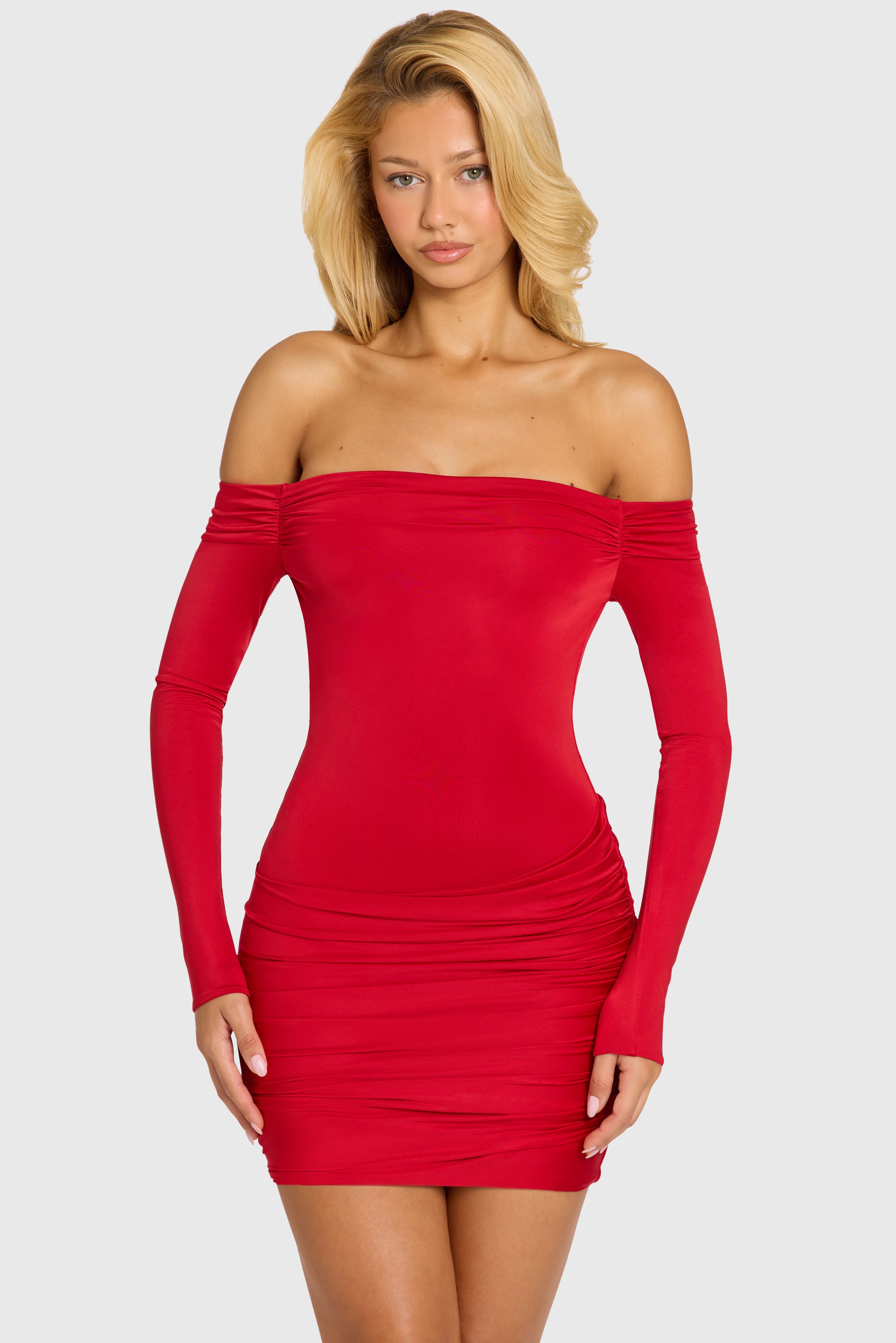 Off-Shoulder Long-Sleeve Mini Dress in Cherry Red