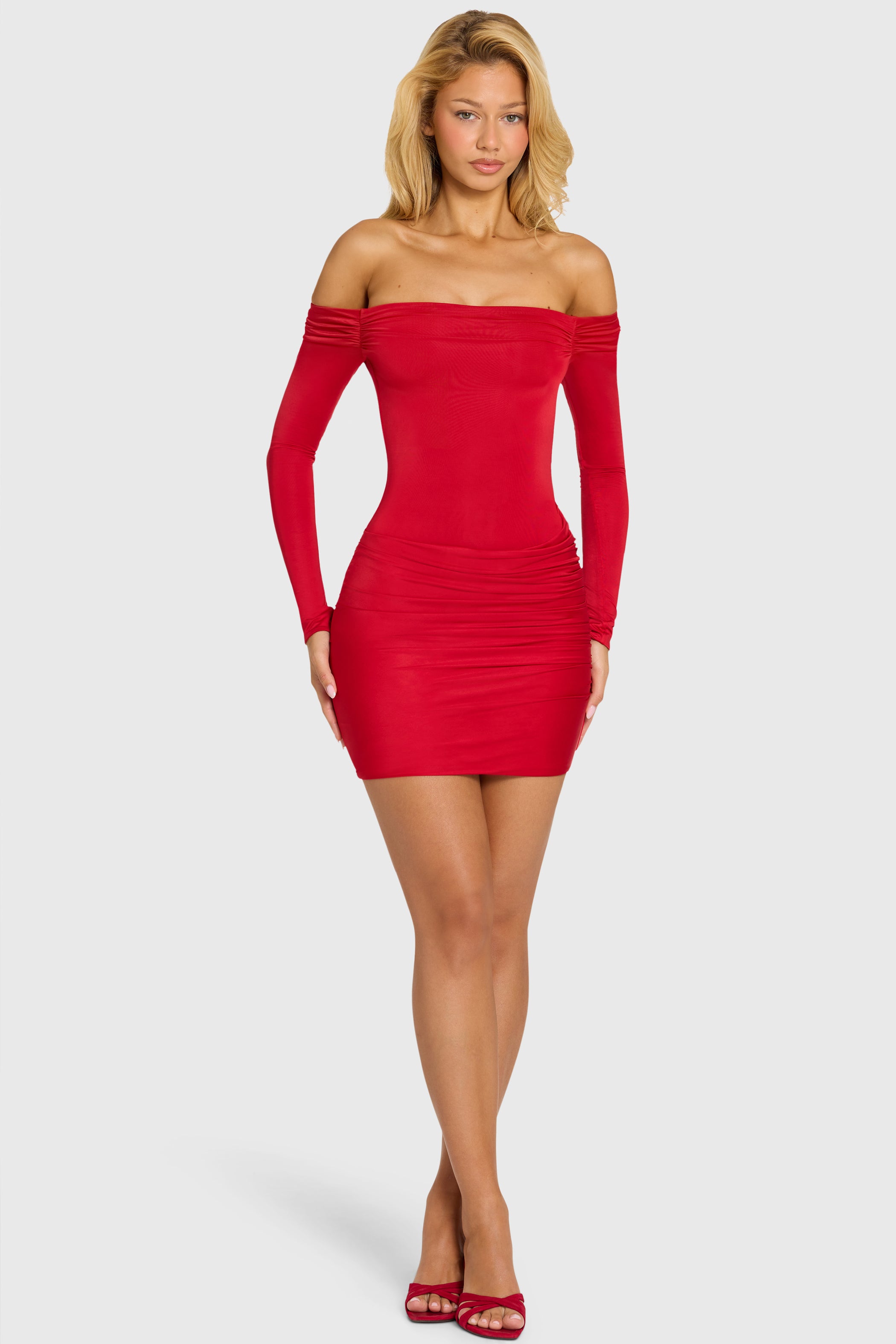 Off-Shoulder Long-Sleeve Mini Dress in Cherry Red