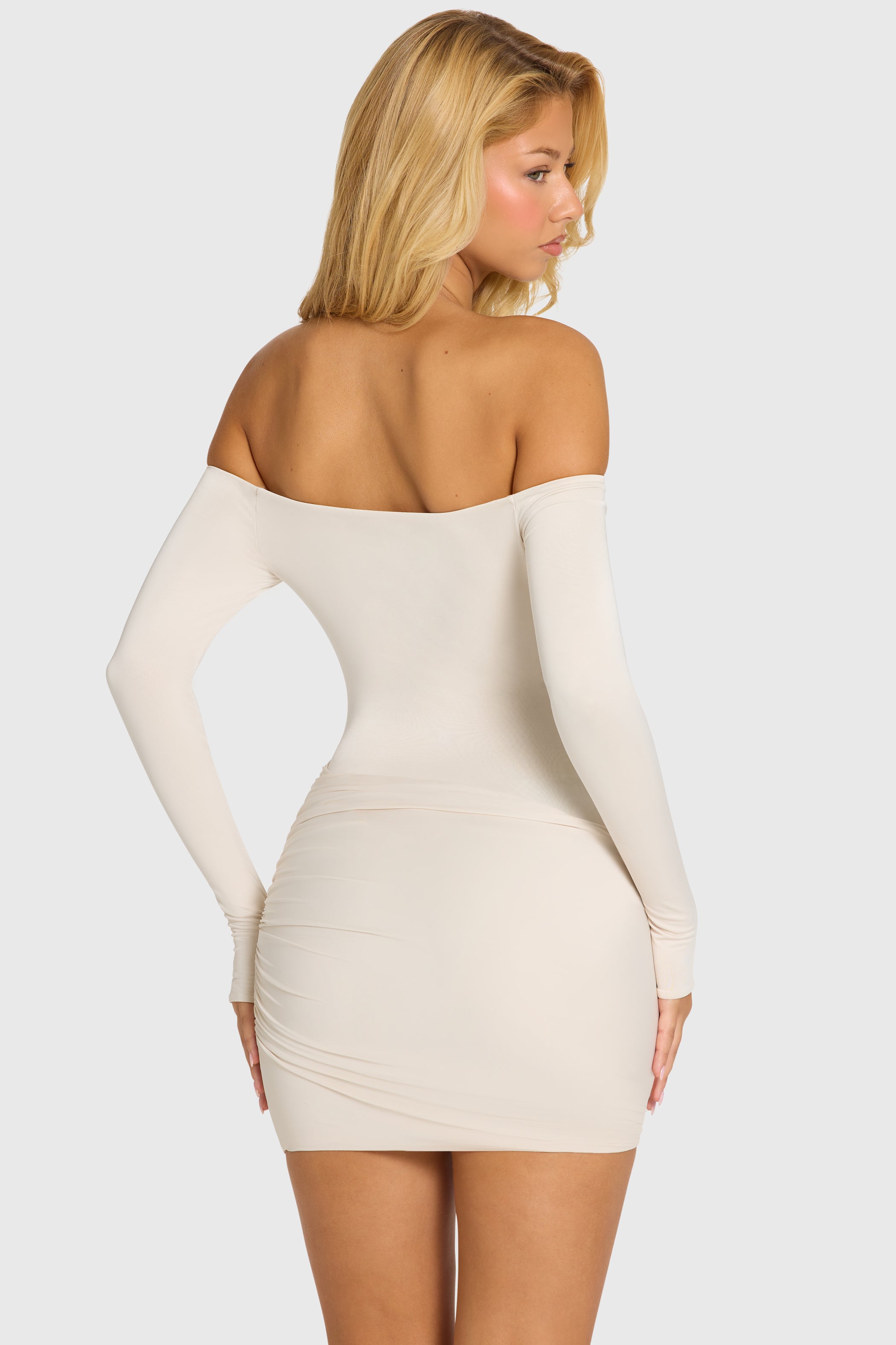 Off-Shoulder Long-Sleeve Mini Dress in Snow